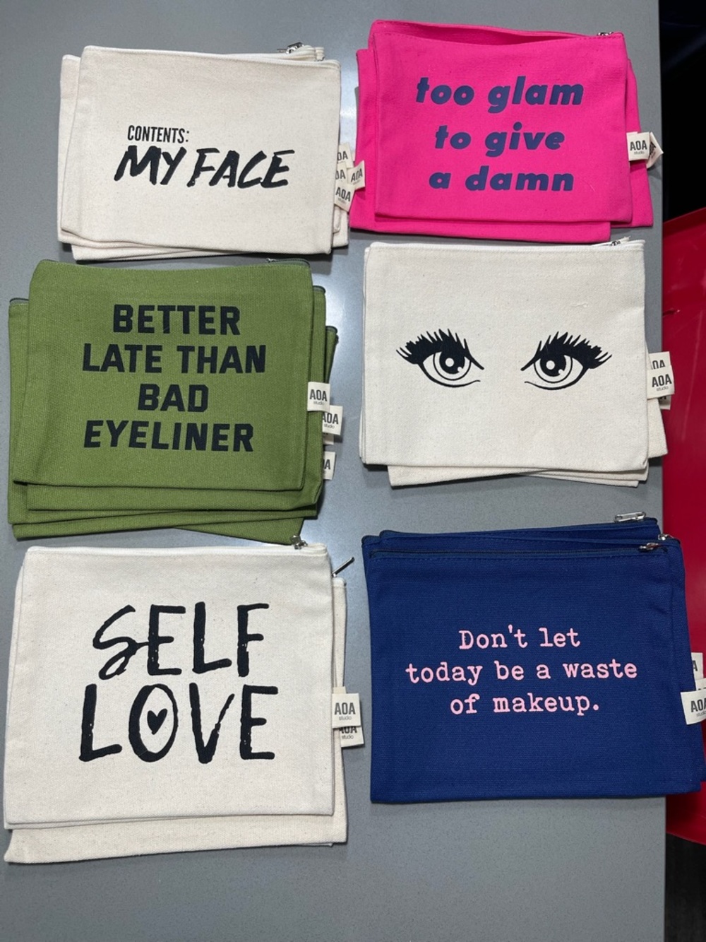 27 Canvas Makeup Pouches - Slogan Cosmetic Bags (Pink, Olive, Navy, Cream)